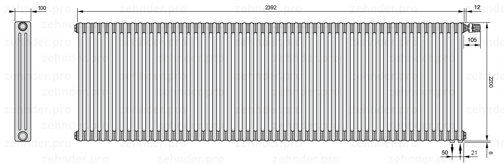 Схема (чертеж) Радиатор Zehnder Charleston 3220/52 №V002 Белый глянцевый RAL 9016